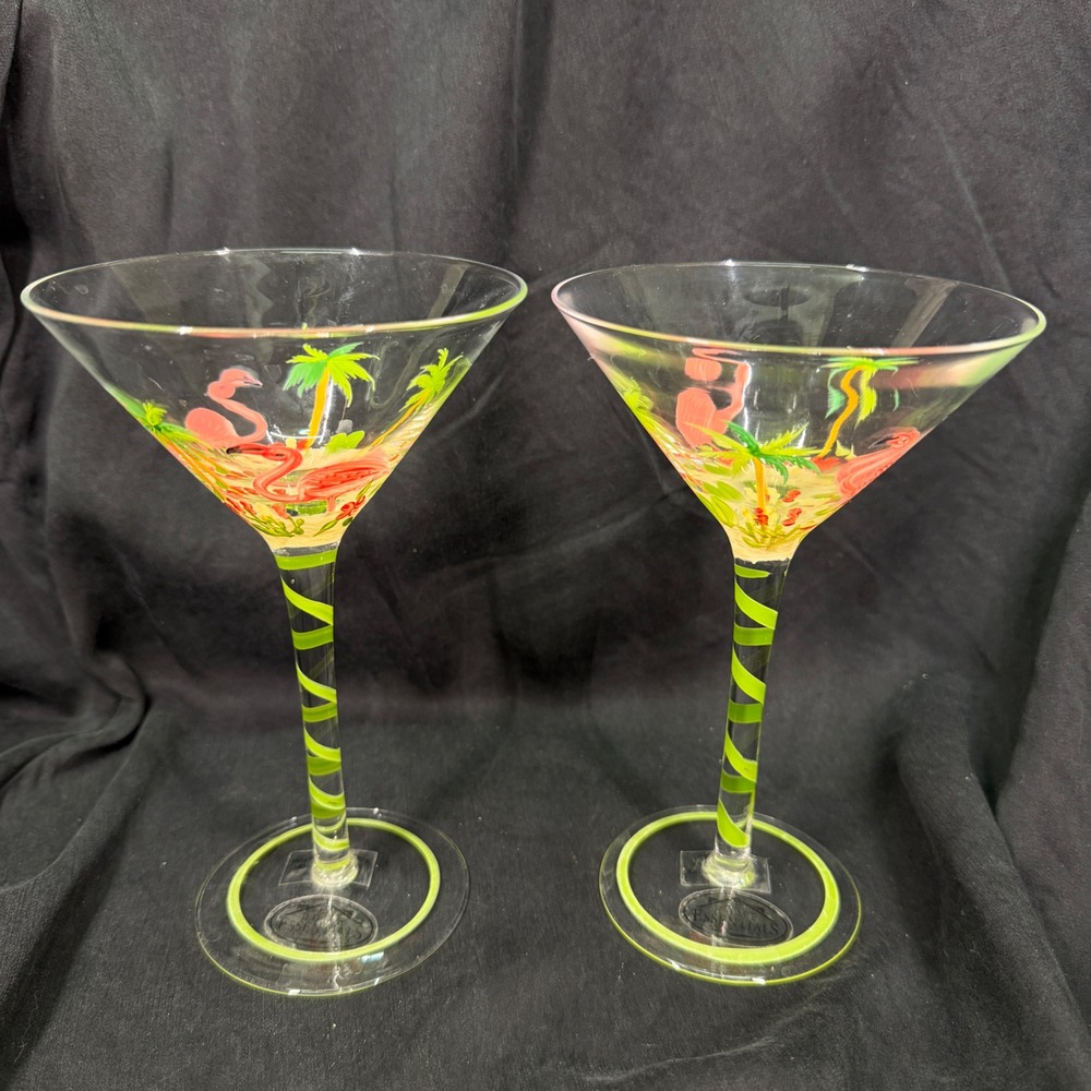 Home Essentials Flamingo Palm Tree Hand Painted Martini Glasses Set of 2